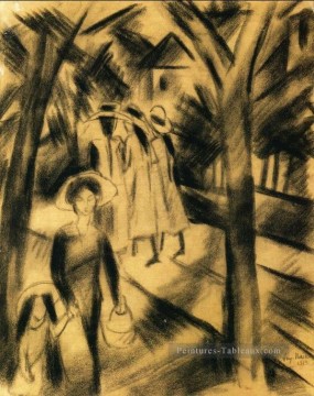  filles Tableaux - Femme avec enfant et filles sur une route August Macke